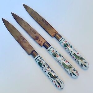 Antique Stahl Bronce Knives Germany Porcelain Brass Hand Painted Appetizer Fruit